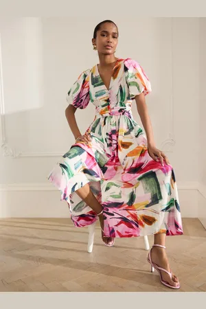 Next Puff Sleeve Button Down Occasion Maxi 100% Cotton Dress42 LANG