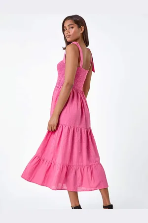 Roman 100% Cotton Shirred Tie Detail Tiered Midi Dress42