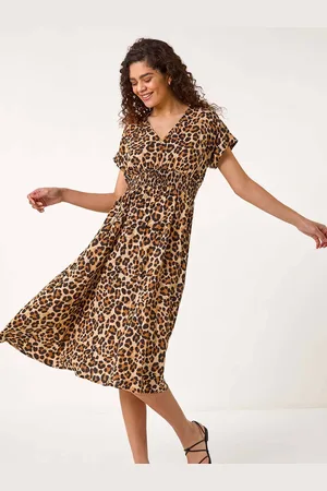 Roman Animal Print Shirred Midi Dress48