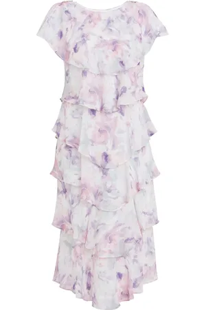 Gina Bacconi Purple Phoebe Midi Printed Tiered Dress With Shoulder Embellishment48