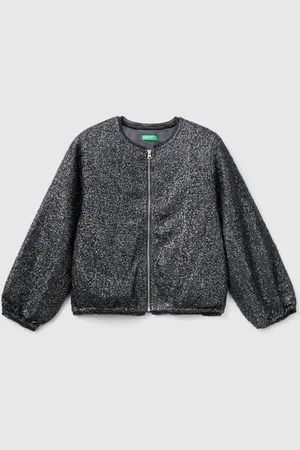 Benetton Small Sequins Fabric Bomber Black Jacket With Logo Zip13