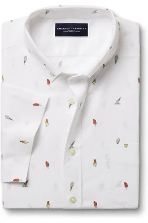 Charles Tyrwhitt Slim-fit, strijkvrij overhemd met korte mouwen en ijsprint van 100% katoenLarge