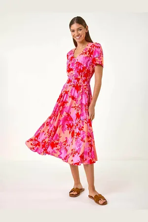 Roman Shadow Floral Print Shirred Midi Dress46