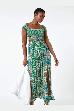 Roman Patchwork Shirred Bardot Maxi Dress38