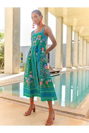 Love & Roses Printed Woodblock Belted 100% Cotton Midi Dress50