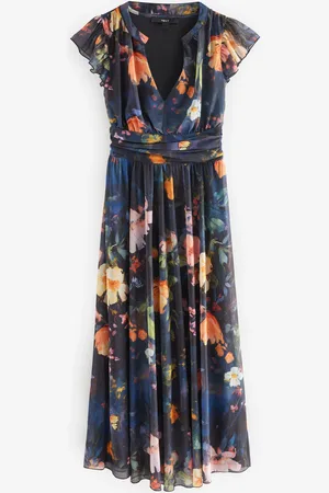 Next Kew Collection Pleated Mesh Floral Print V-Neck Occasion Midi Dress40 Tall