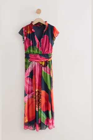 Next Kew Collection Pleated Mesh Print V-Neck Occasion Midi Dress46 LANG