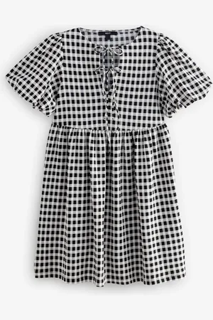 Next Textured Jersey Puff Sleeves Tie Front Detail Mini Dress48