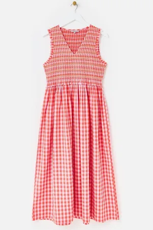 Oliver Bonas Gingham Shirred Bodice V-Neck 100% Cotton Midi Dress44