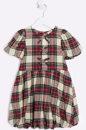 River Island Girls 100% Cotton Check Bow Puff Sleeve Dress3