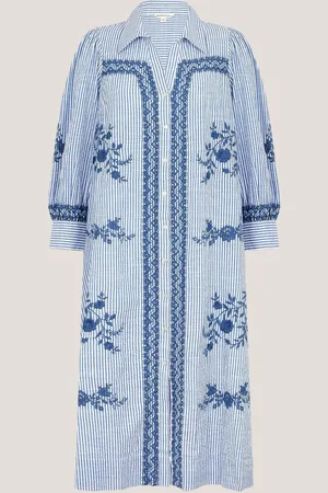 Monsoon Marlowe Stripe Embroidered 100% Cotton Midi Shirt DressMedium