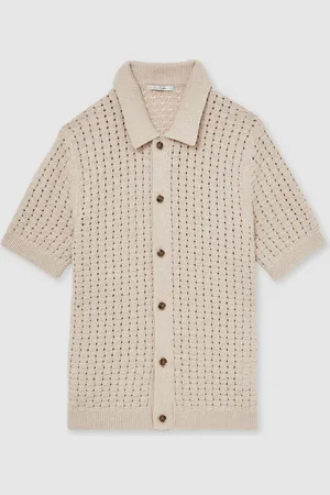 Reiss Toby Basketweave-Knit Button-Through Cotton-Blend Shirtxlarge