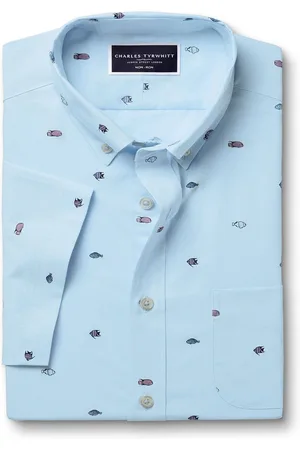 Charles Tyrwhitt Slim-fit, strijkvrij overhemd met korte mouwen en visprint van 100% katoenLarge