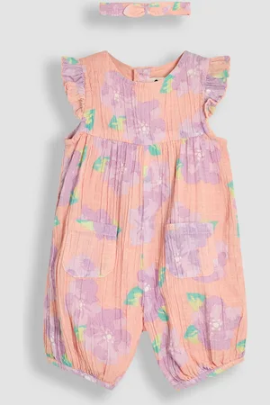 JoJo Maman Bébé 100% Cotton Pretty Ruffle Shoulder Sunsuit with Headband5662cm
