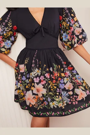 Friends Like These Print V-Neck Puff Sleeve Placement Print 100% Cotton Mini Dress44