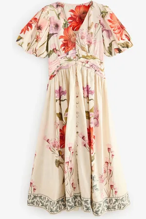 Next Puff Sleeve Button Down Occasion Maxi 100% Cotton Dress44
