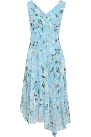 Gina Bacconi Blue Cressida Floral Print Chiffon Asymmetric Hem Dress36