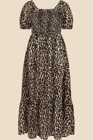 Accessorize 100% Cotton Leopard Print Shirred Puff Sleeve DressM