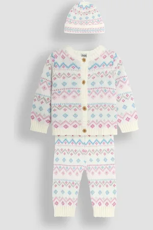 JoJo Maman Bébé 3 Piece Fair Isle Pattern Baby Knit Cardigan, Trousers & Hat Set10