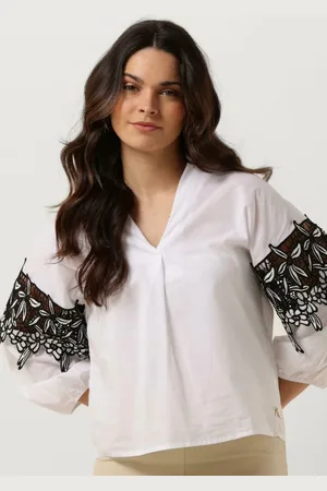 Jansen Amsterdam Dames Blouses Cv777 Cotton Voile Blouse With Black/white Lace Detail 3/4 Sleeve - - Maat XL