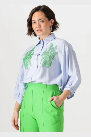 Jansen Amsterdam Dames Blouses Odessa Blouse Fs 707 3/4 Puffed Sleeve Green Embroidery - - Maat 34