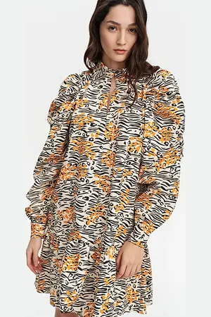 Marcell Von Berlin Gathered Volant Dress Wild Print Orange