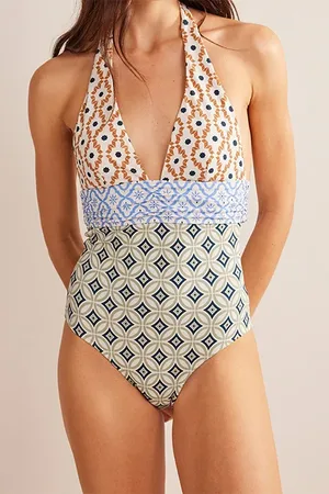 Boden Bow Detail Halter Swimsuit Multi, Geo Trance