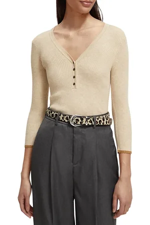 Scotch&Soda Button Detail Skinny Rib Pullover Oatmeal Melange