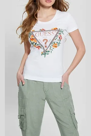 Guess GUESS Ss Cn Triangle Flowers Tee Pure White
