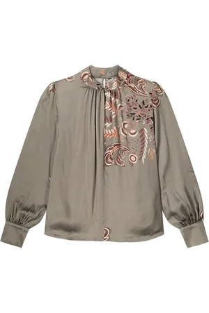 Summum Woman Top Puffy Sleeves Fine Leaves Browns