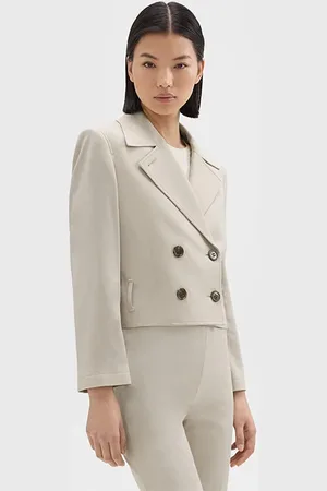 THEORY Double-breasted Crop Trench In Admiral Crepe Pumice