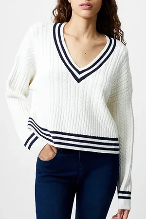 French Connection Babysoft Cable V Neck Jumper White