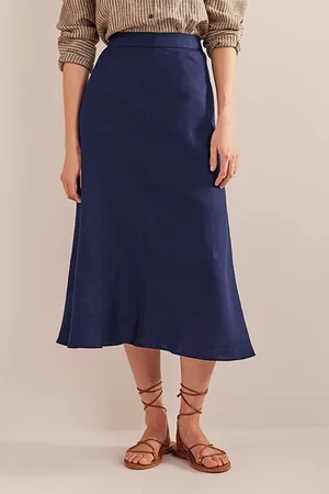 Boden Bias Linen Midi Skirt Navy