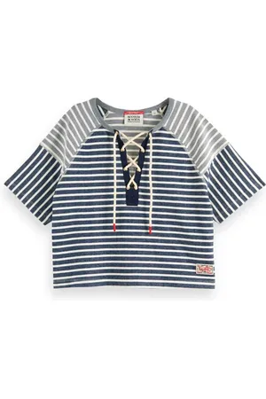 Scotch&Soda Lace Up Boxy Sweatshirt Ecru Navy Stripe