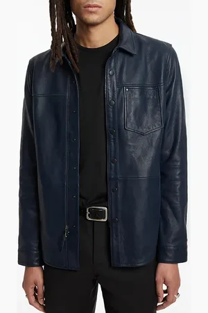 John Varvatos Snap/zip Shirt Leather Jacket Ink Blue