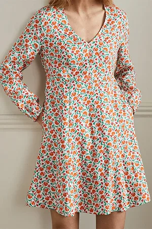 Boden V-neck Flippy Mini Dress Bright Papaya, Delicate Bud