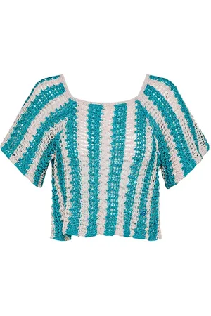 FORTE FORTE Forte Forte Cotton Crochet Stripe Half Sleeves Top Seafoam