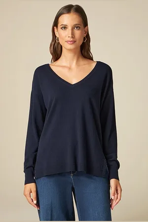 Oltre Cashmere Blend V-neck Sweater With Rhinestones Blue