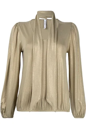 Summum Woman Top Balloon Sleeve Metallic Coated Jersey Green Lentil