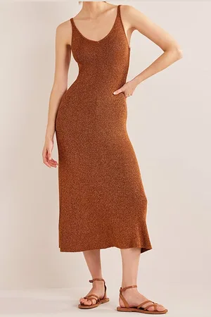 Boden Sparkle Knitted Midi Dress Cognac Bronze, Gold Sparkle