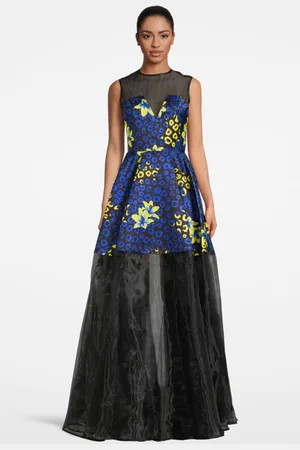 Marcell Von Berlin Women‘s Floral Fabric Evening Gown Blue Lilly Print/ Black