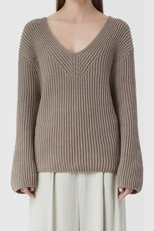 Closed V Neck Long Sleeve Knits Brown Sugar