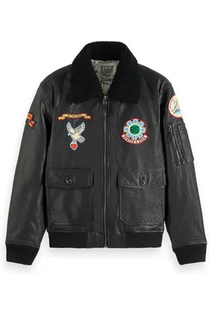 Scotch&Soda Leather Bomber Jacket With Detachable Teddy Collar Black
