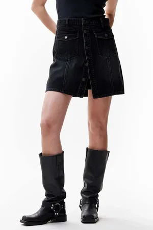 Catwalk Junkie Button Up Denim Short Skirt Washed Black