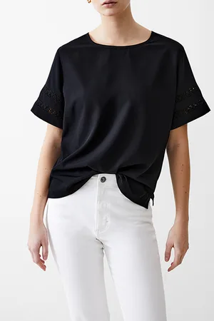French Connection Crochet Trim Crepe Light Top Black