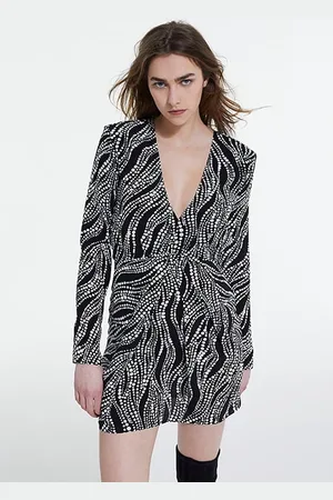 The Kooples Robe Courte Manches Longues Imprime Pearls Black White
