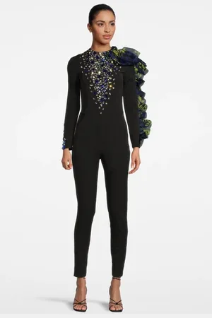 Marcell Von Berlin Women‘s Side Volant Overall With Swarovski Crystals Black