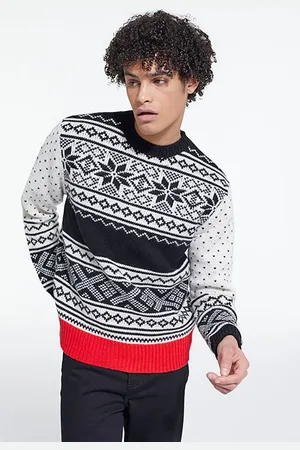 The Kooples Pull Col Rond Jacquard Avec Rib Contraste Black Red Off Whit
