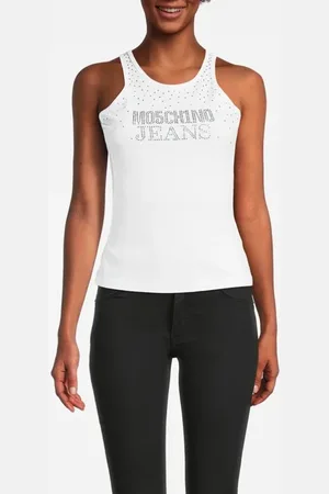 Moschino Rhinestone Logo Jersey Tank Top White