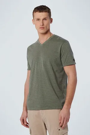 No Excess T-shirt V-neck 2 Coloured Stripes Garment Dyed Smoke Green